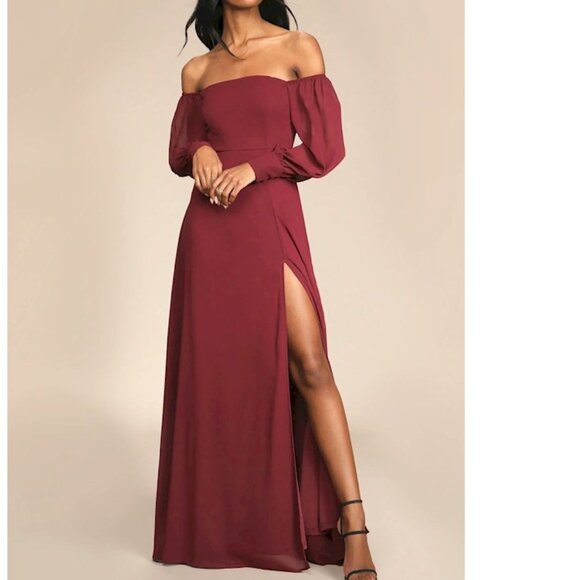 Lulus Dresses & Skirts - Lulu's Feel Romance Burgundy Off-the-Shoulder Maxi Dress Size Small NWOT